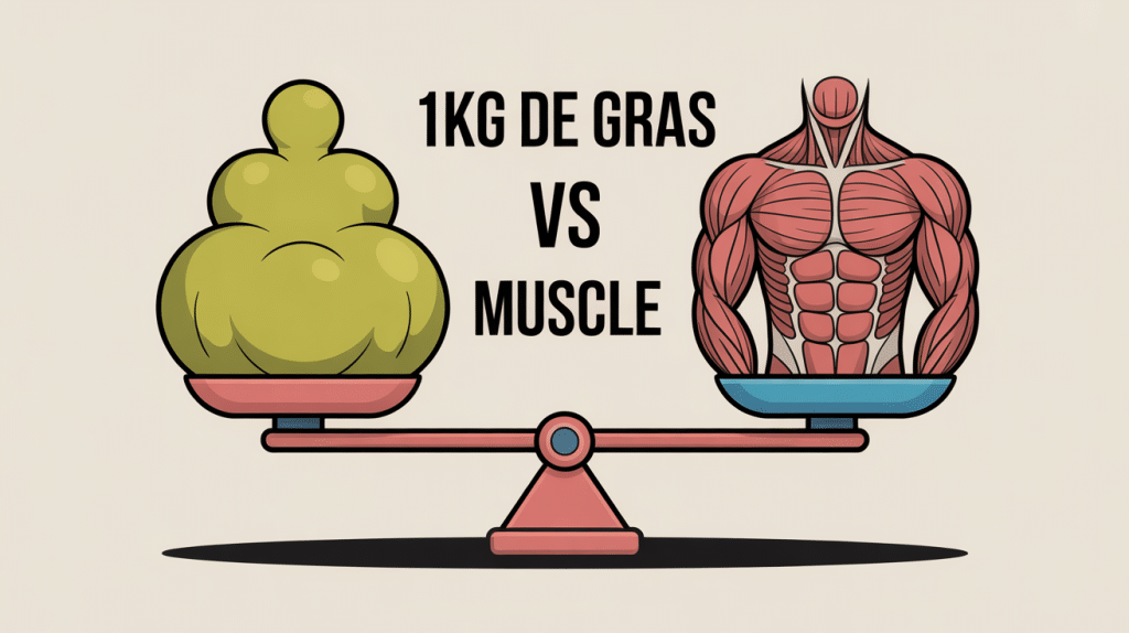 Image 1kg de gras vs 1kg de muscle sur balance stylisée