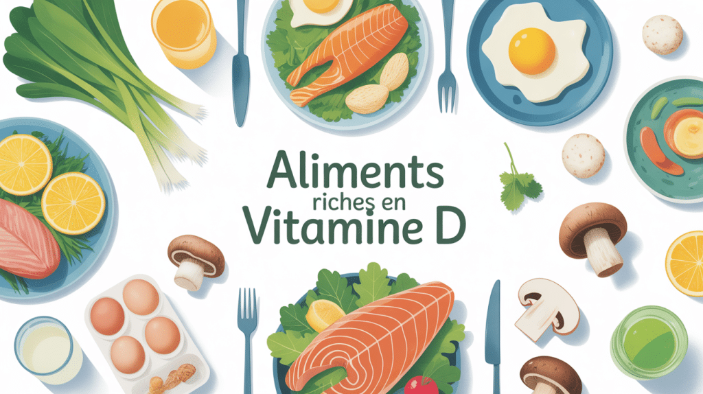 table aliments riches en vitamines D avec poissons, œufs, champignons