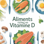 table aliments riches en vitamines D avec poissons, œufs, champignons
