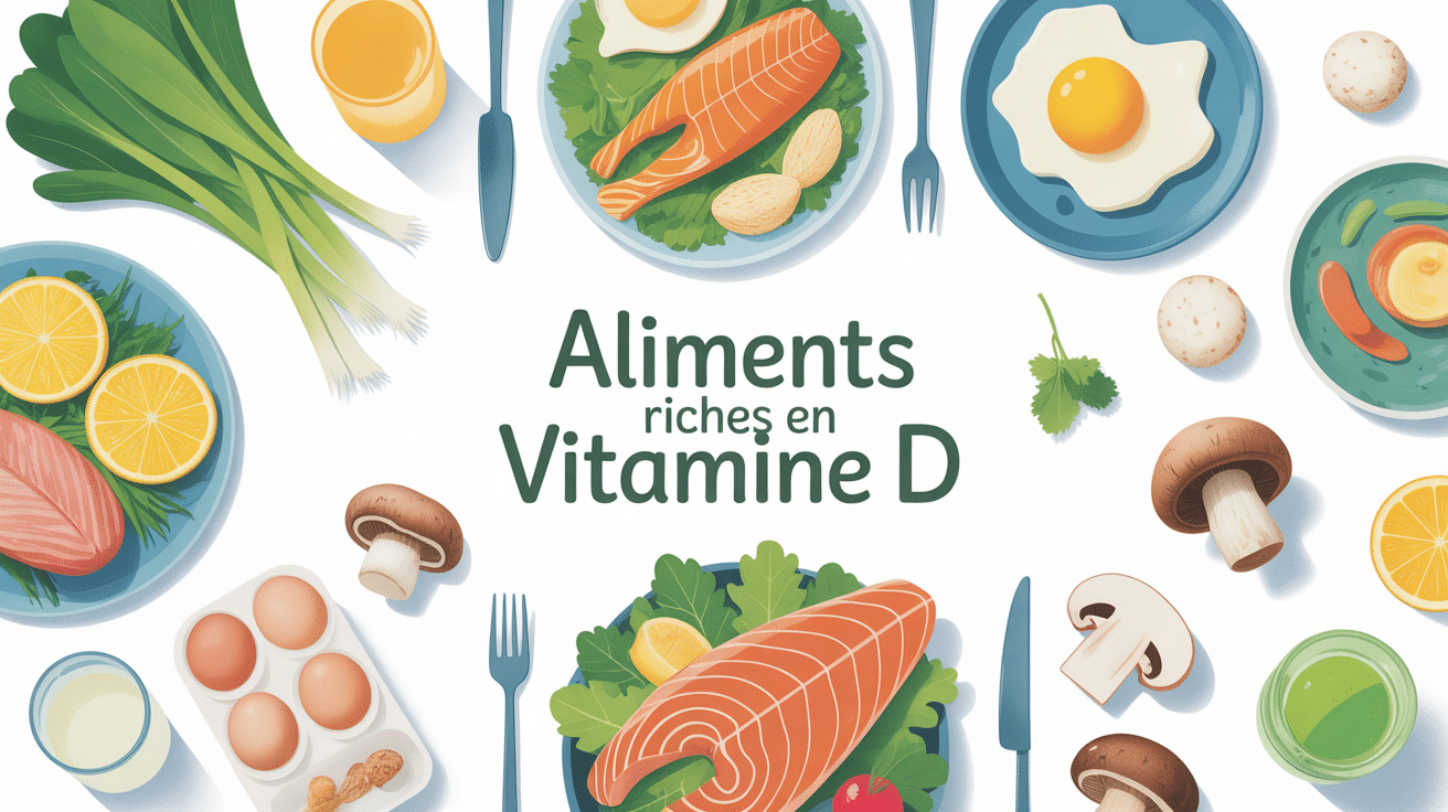 table aliments riches en vitamines D avec poissons, œufs, champignons