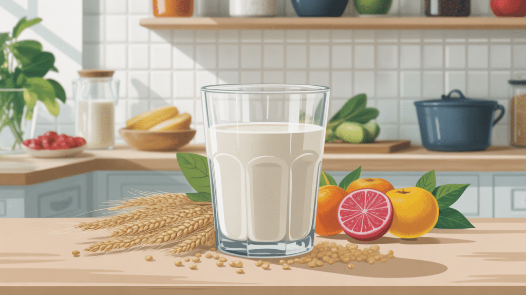 Illustration des bienfaits du lait de soja avec grains et fruits