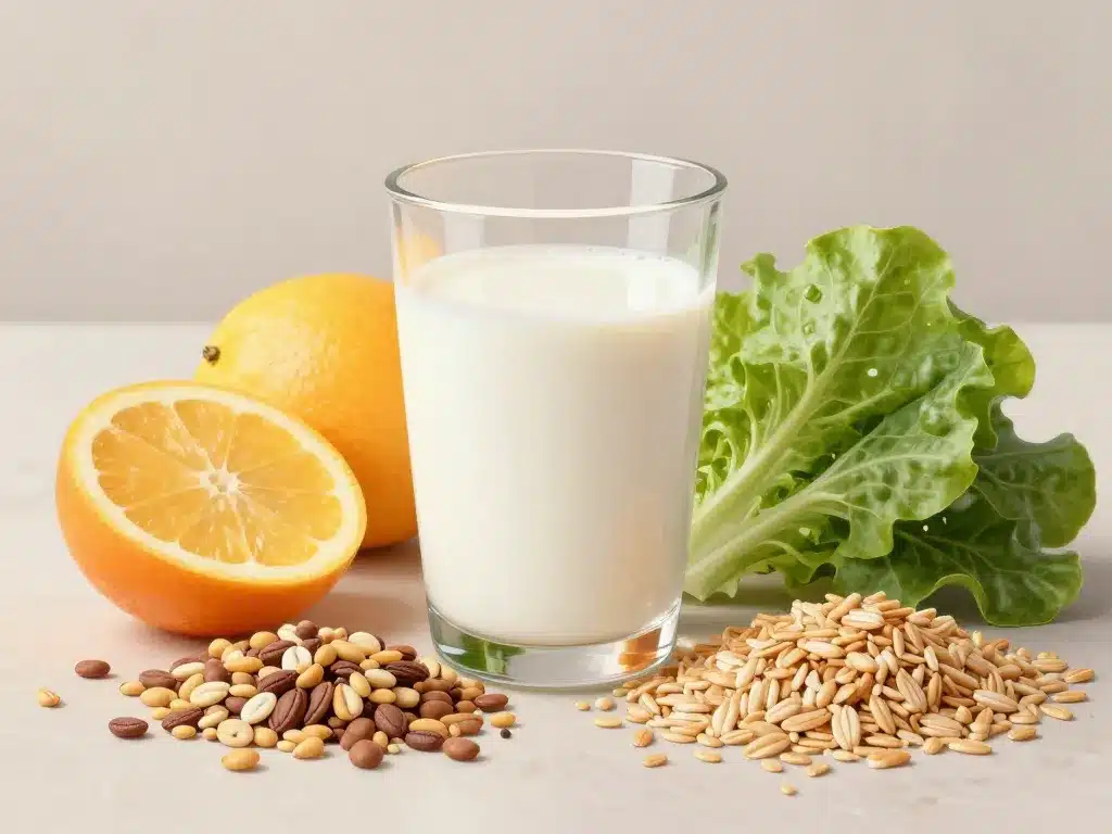 Petit-déjeuner santé avec lait de soja et aliments riches