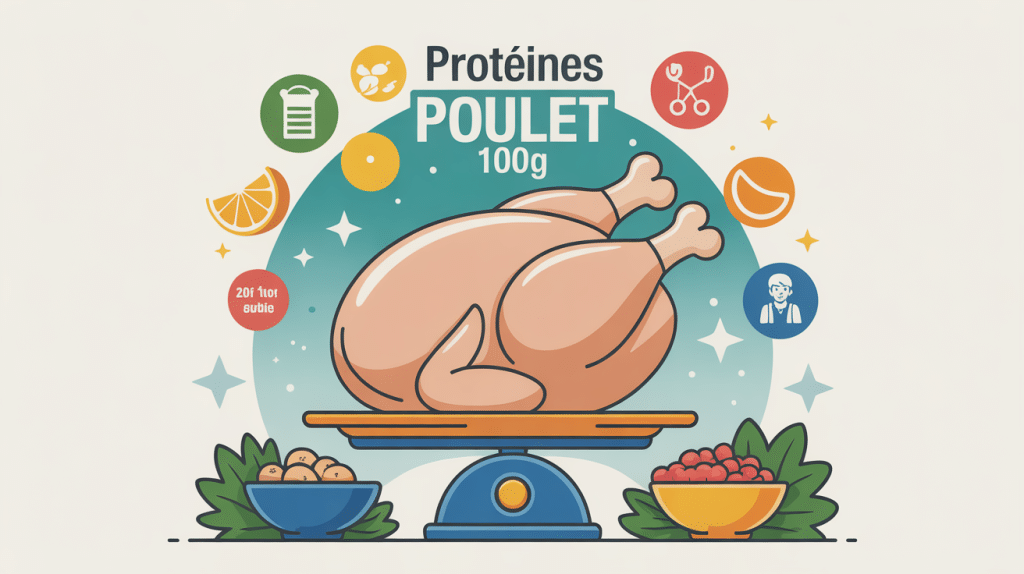 Combien de proteines dans 100 g de poulet, illustration avec poulet sur balance, symboles nutrition