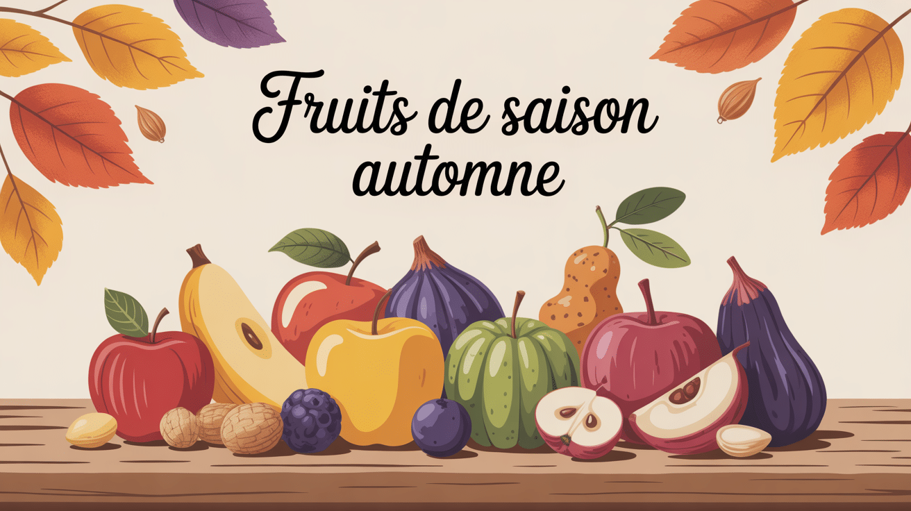 illustration fruits de saison automne sur table feuilles