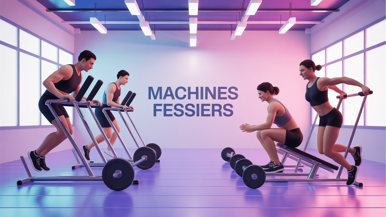 machine fessiers salle de sport, silhouettes sur machines gym en 3D