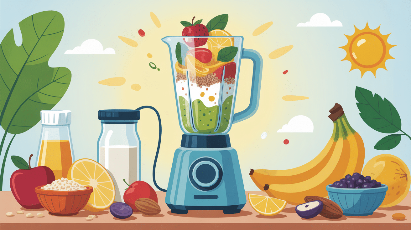 Illustration smoothie petit dejeuner complet avec blender et ingredients