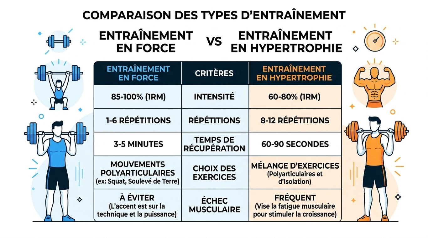 Infographie comparative : Musculation pour la force vs Hypertrophie
