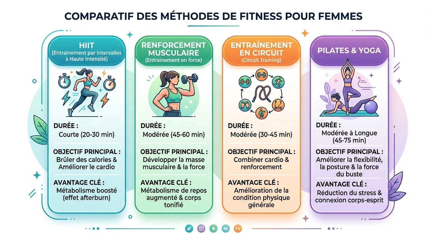 Infographie comparative des méthodes de fitness pour femmes : HIIT, renforcement, circuit training et Pilates.