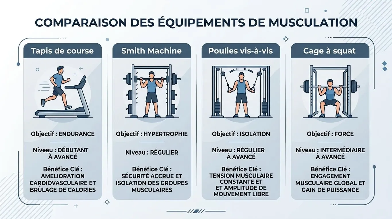 Infographie comparative des machines de salle de sport : objectifs, niveaux et avantages clés