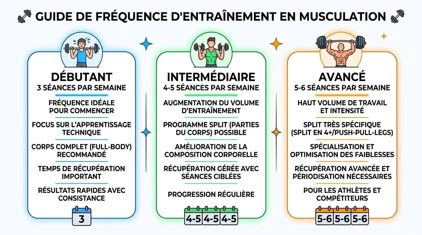 Infographie comparant la fréquence d'entraînement en musculation selon le niveau : débutant, intermédiaire et avancé.