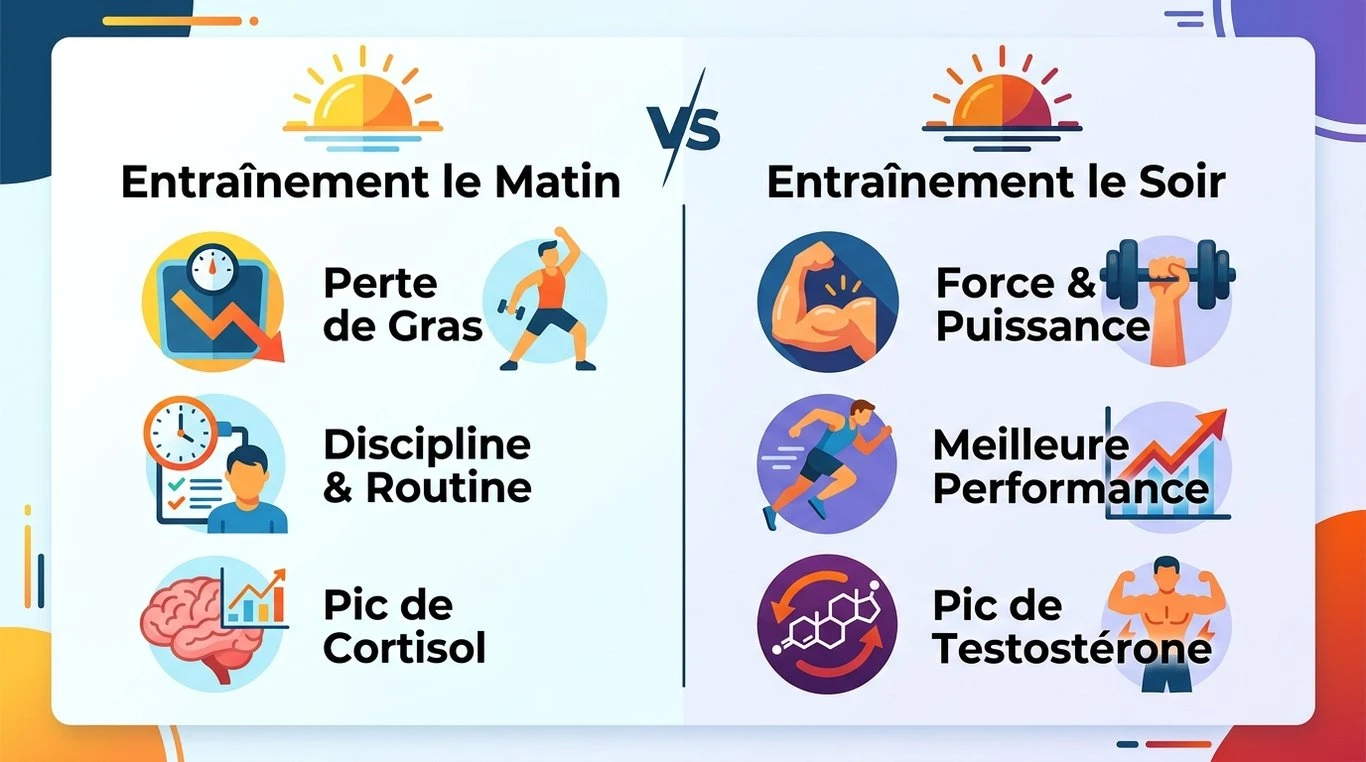 Infographie comparative : musculation le matin vs le soir