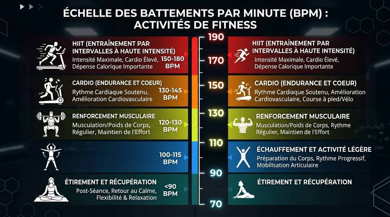Infographie récapitulative des BPM recommandés par type d'exercice en salle de sport