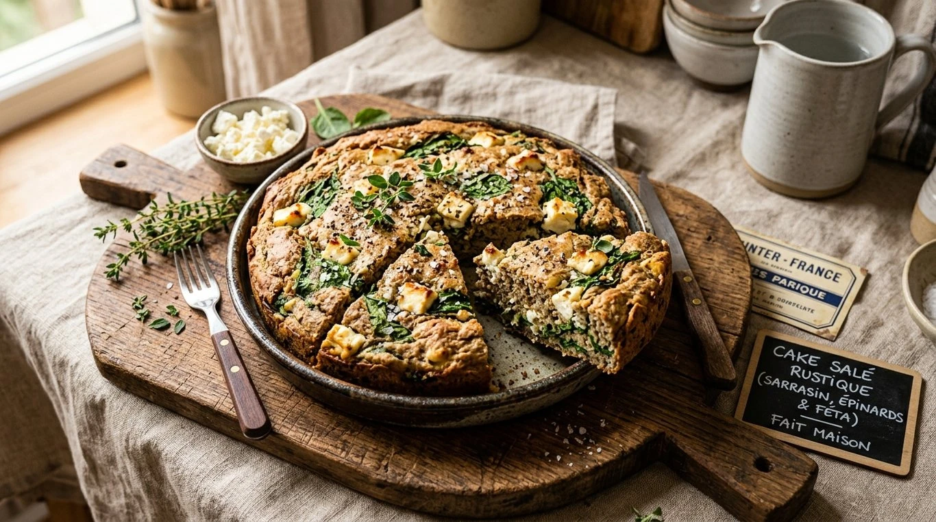 Cake salé au sarrasin, feta et épinards sans gluten