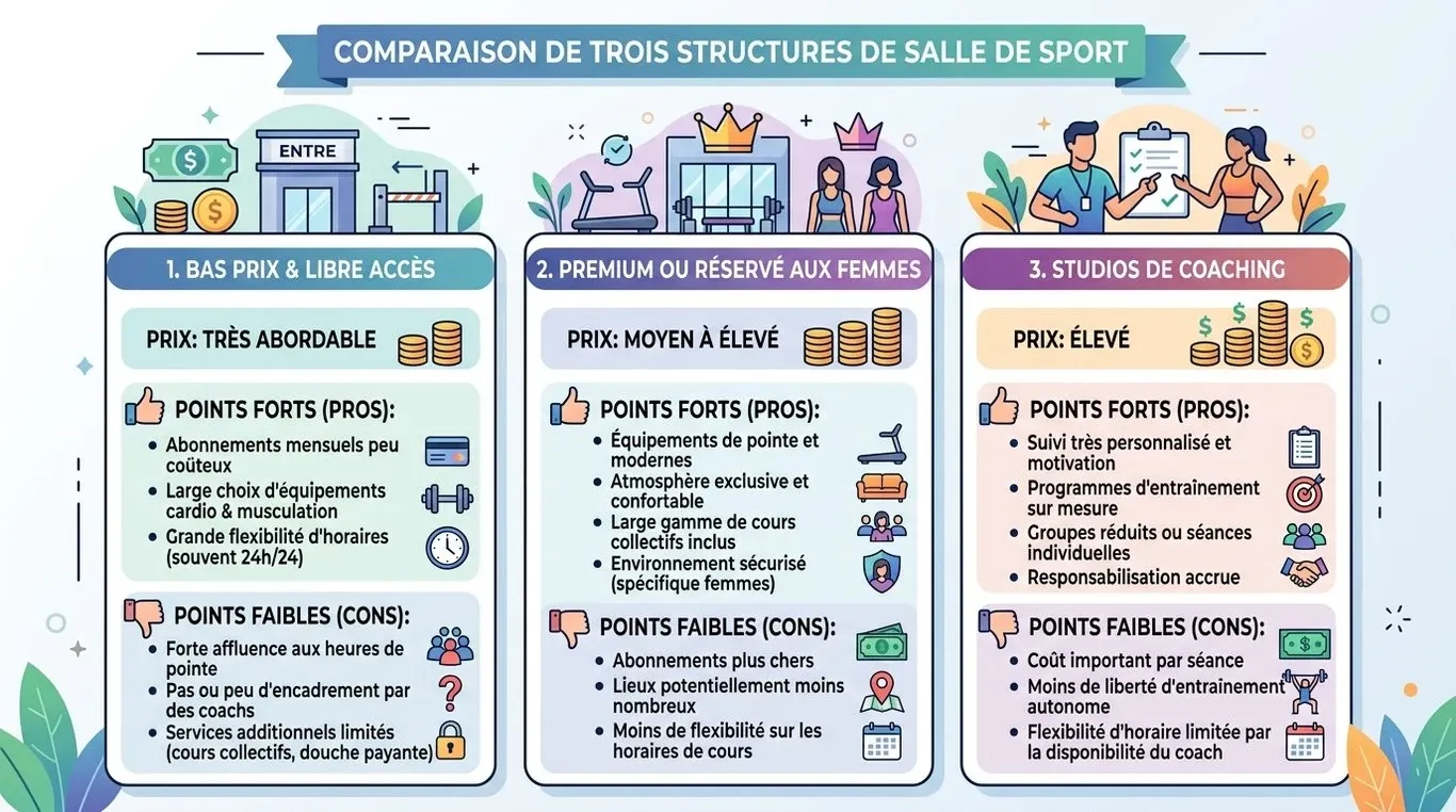 Comparatif visuel des types de salles de sport pour femmes : tarifs, avantages et inconvénients