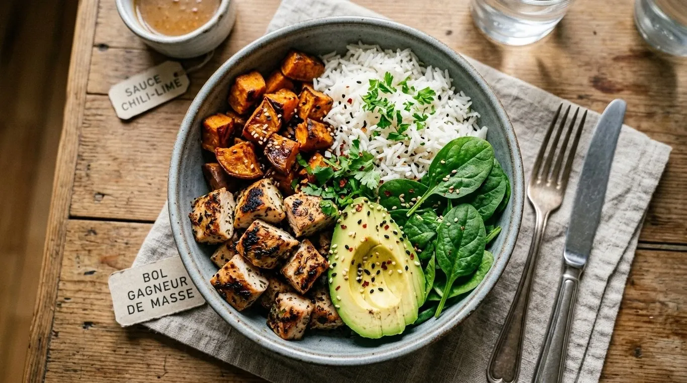 Bowl équilibré pour la prise de masse avec poulet, patate douce et avocat