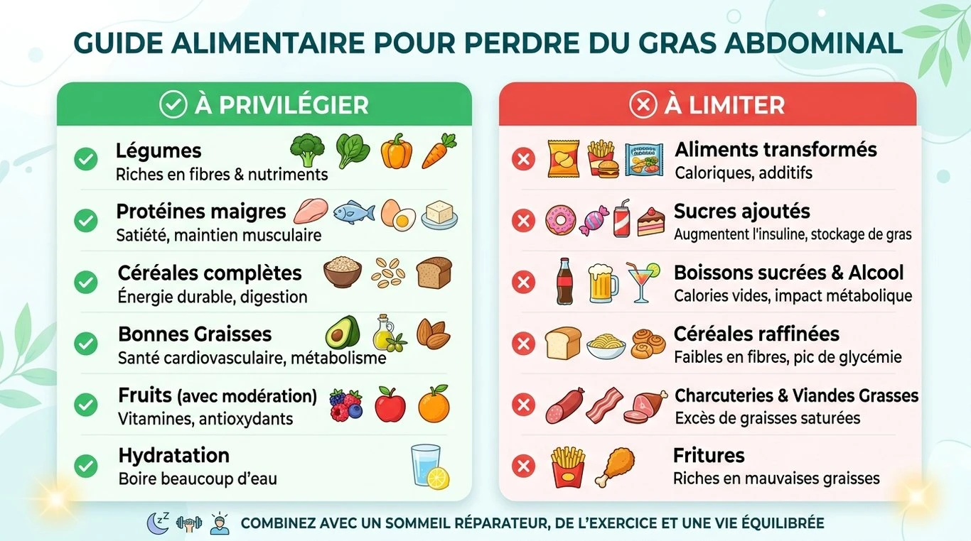 Infographie des aliments à privilégier et à éviter pour perdre du ventre