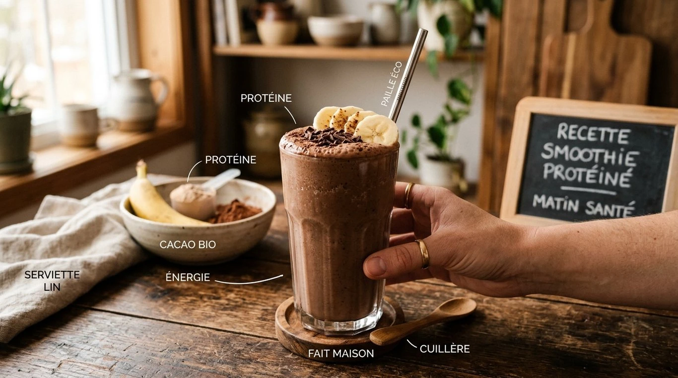 Smoothie protéiné banane et chocolat noir pour la récupération sportive