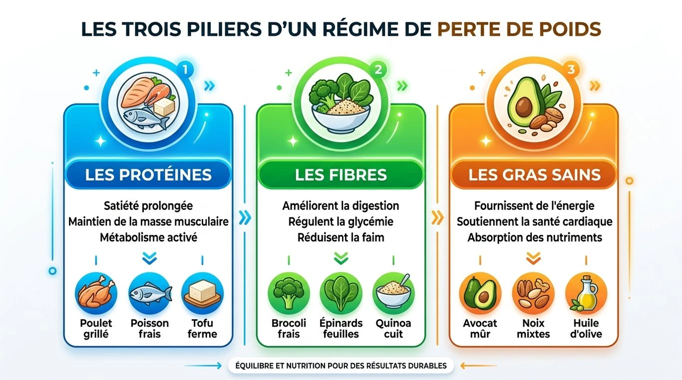 Infographie des piliers nutritionnels pour la perte de poids : protéines, fibres et bons lipides.