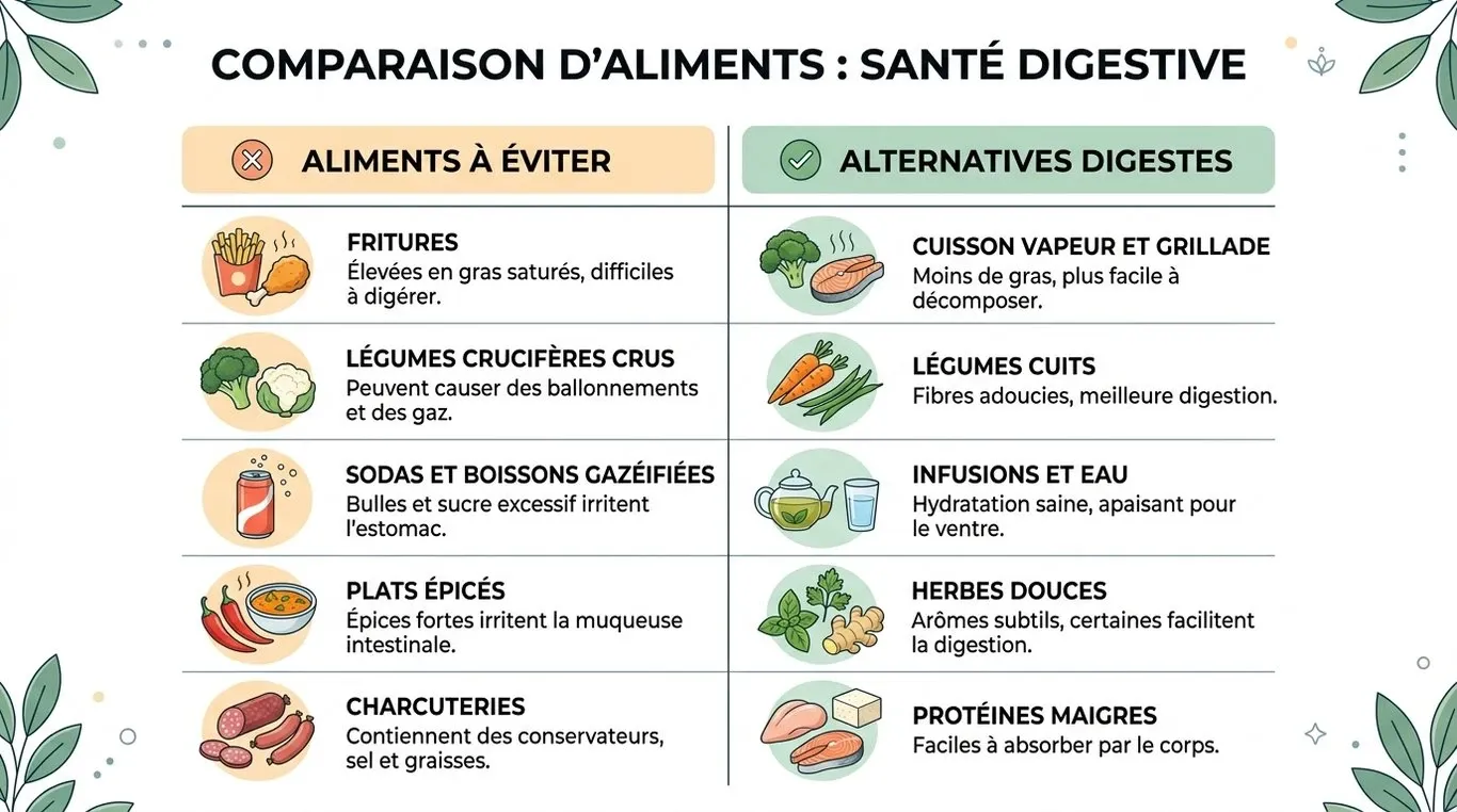 Infographie comparative des aliments à éviter et des alternatives digestes pour le confort intestinal