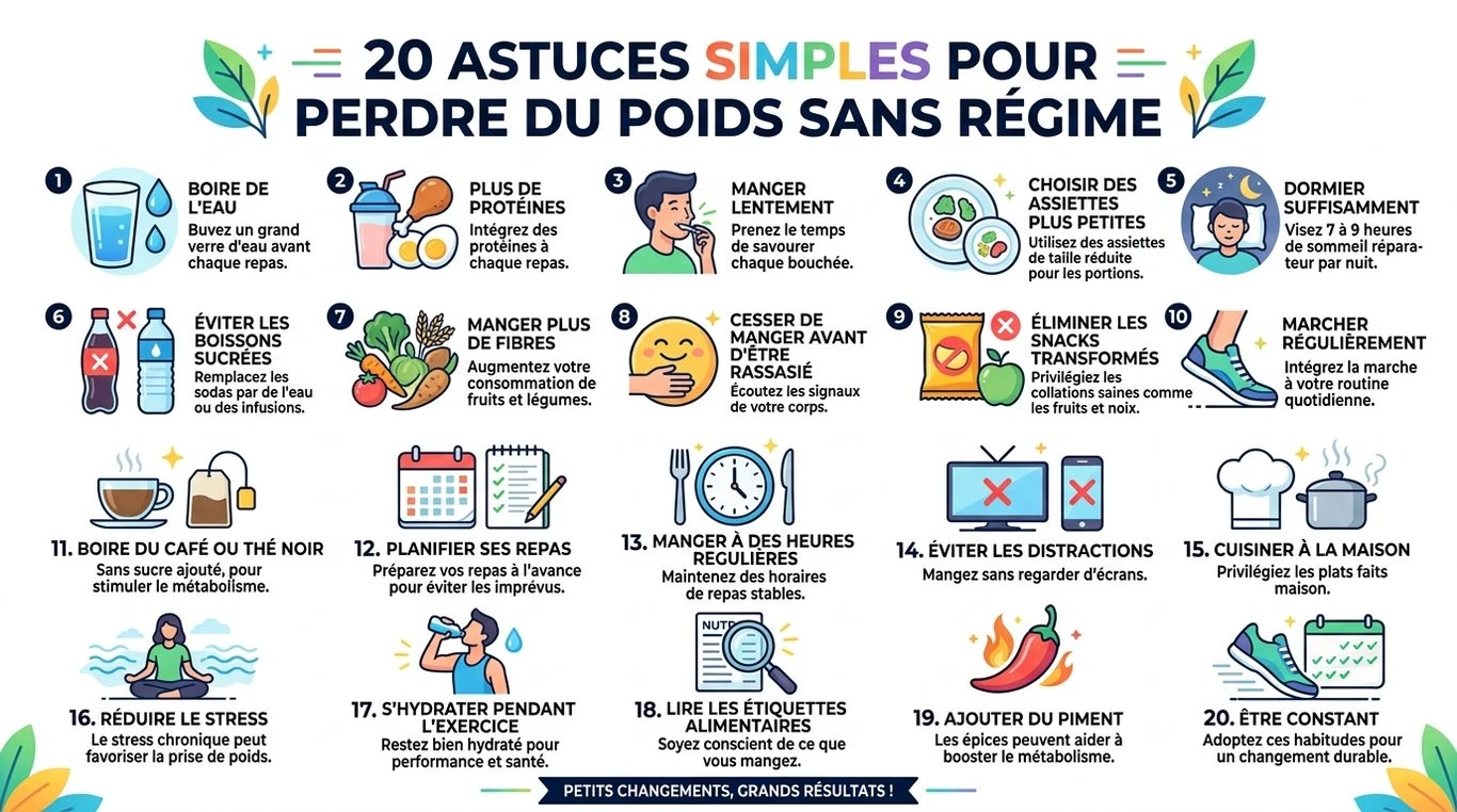 Infographie récapitulative des 20 astuces pour maigrir sans régime