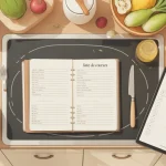 Liste courses alimentaires sur table avec carnet et tablette