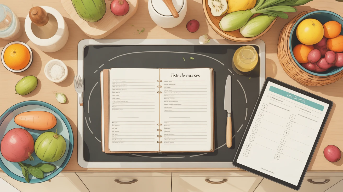 Liste courses alimentaires sur table avec carnet et tablette