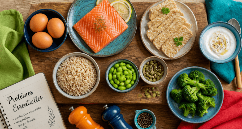 aliments et acides amines sur planche en bois