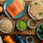 aliments et acides amines sur planche en bois