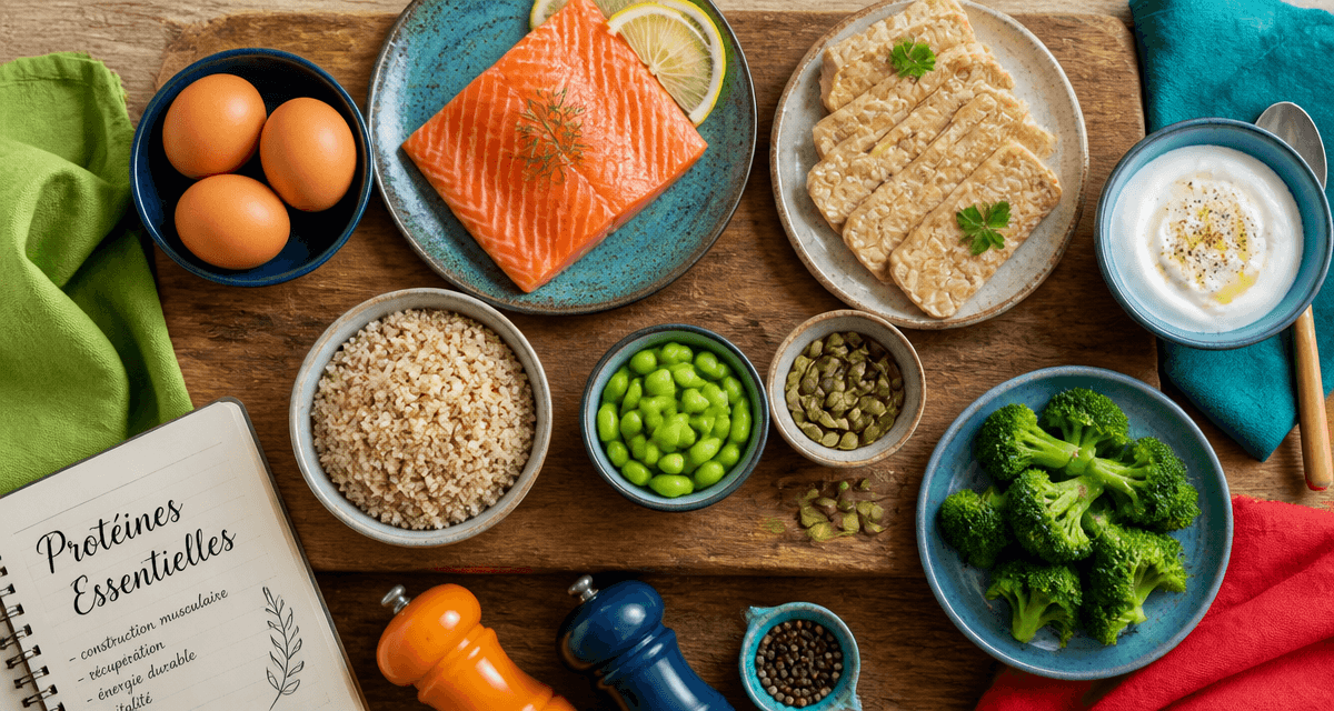 aliments et acides amines sur planche en bois