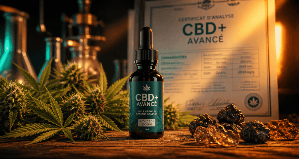 flacon cbd+ huile enrichie sur table avec certificat