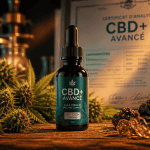 flacon cbd+ huile enrichie sur table avec certificat