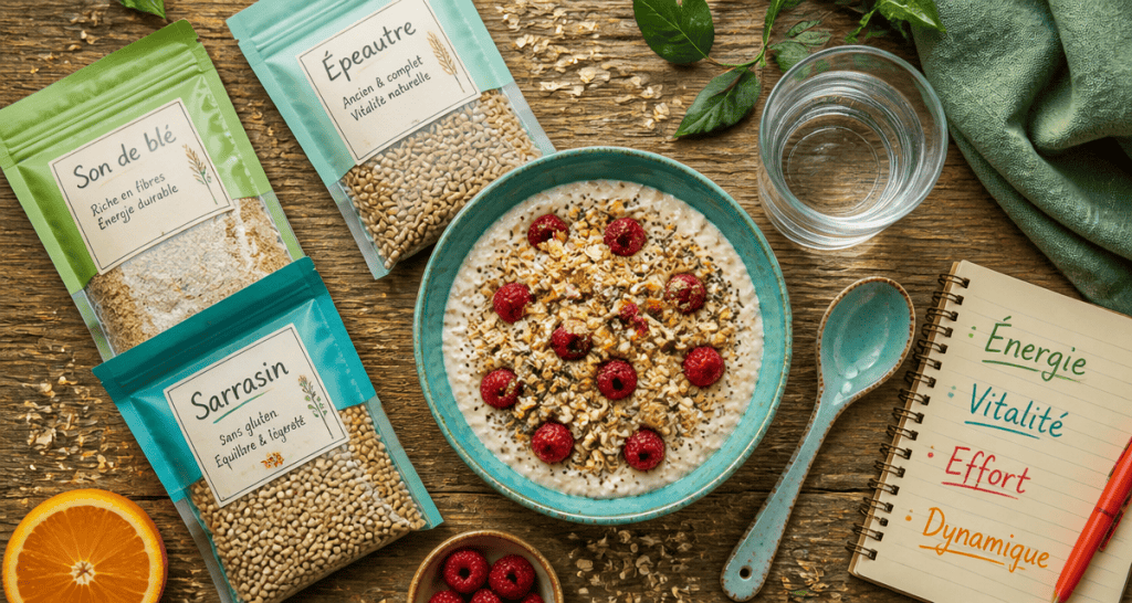 bol de porridge cereale riche en fibre avec fruits et graines