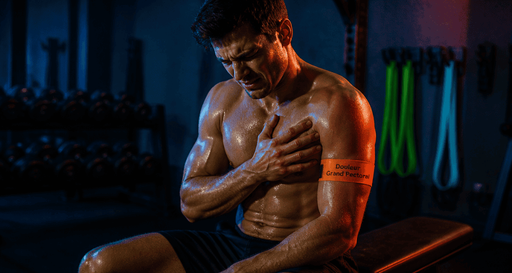 Douleur grand pectoral sportif assis main sur poitrine