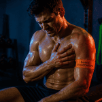 Douleur grand pectoral sportif assis main sur poitrine