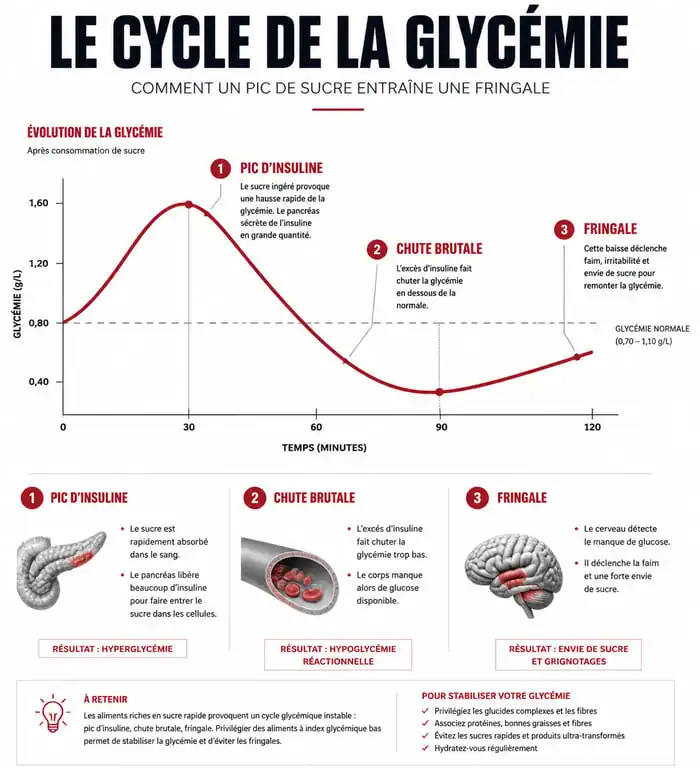Infographie expliquant le cycle de la glycémie et les effets du sucre sur le corps pour une détox réussie