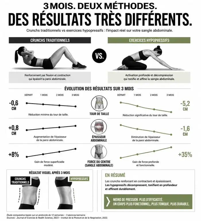 Infographie comparative des résultats des abdos hypopressifs et calendrier de progression sur 3 mois