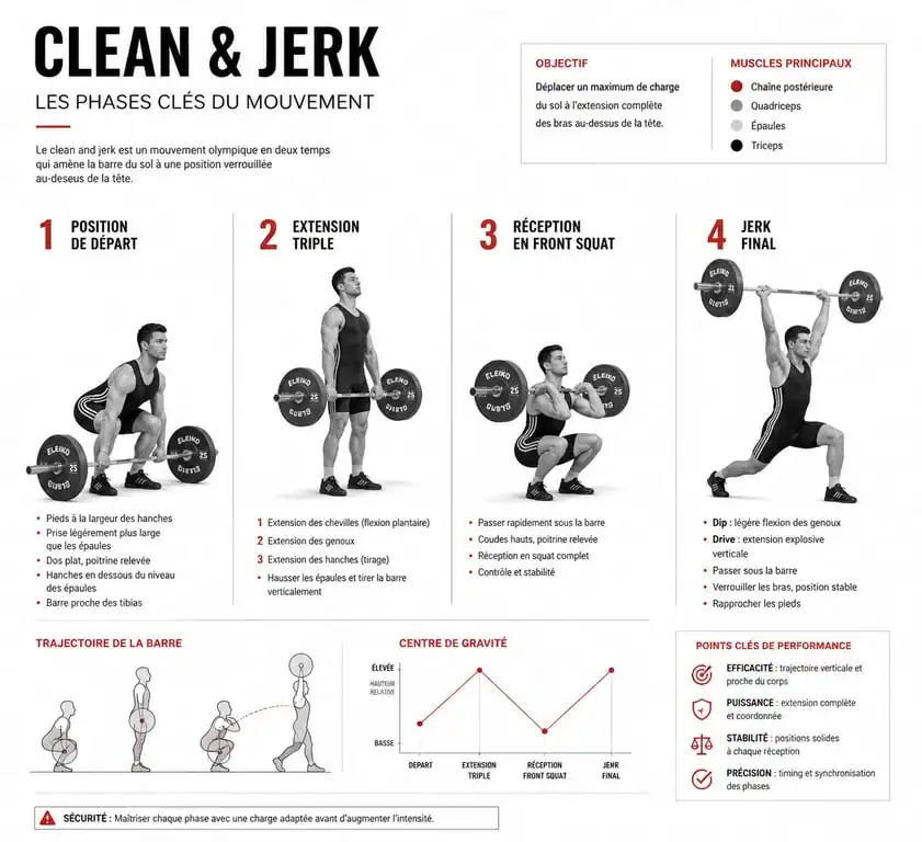 Schéma technique des phases du mouvement clean and jerk en CrossFit