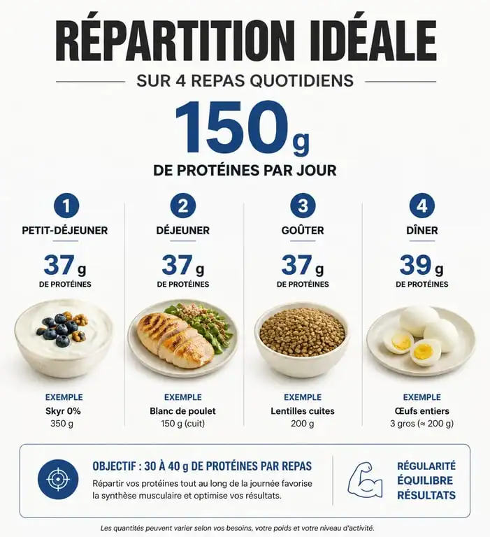 Infographie sur la répartition de 150g de protéines par jour pour une alimentation équilibrée
