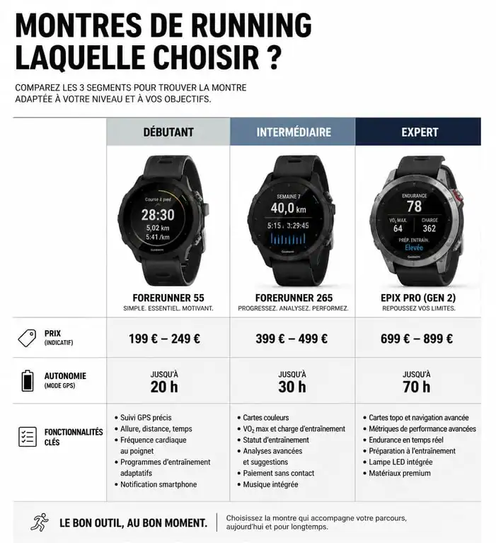 Infographie comparative des montres de running par profil de coureur