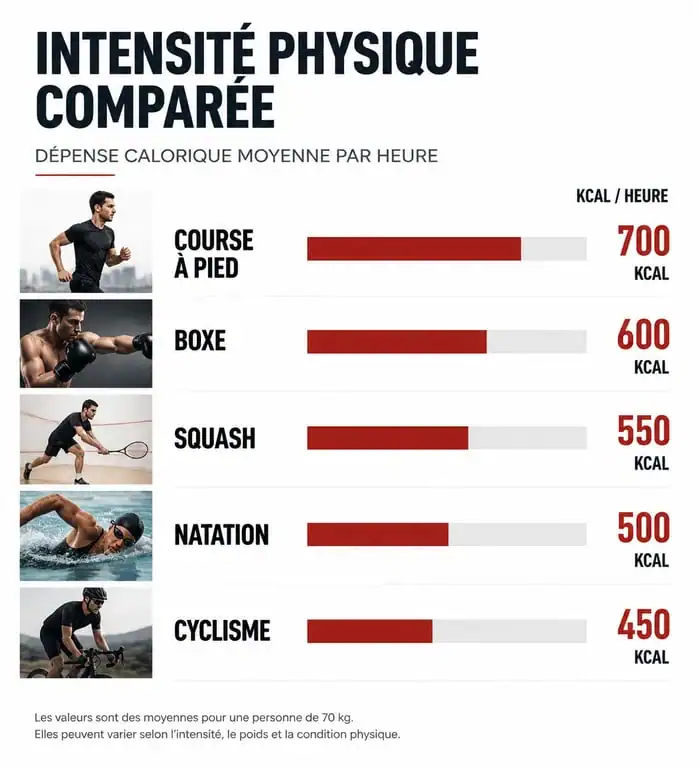 Infographie comparative de la dépense énergétique et de l'intensité physique des sports : quel sport est le plus physique ?