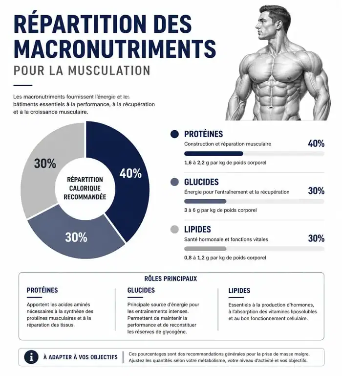 Infographie nutrition musculation : répartition et rôles des macronutriments