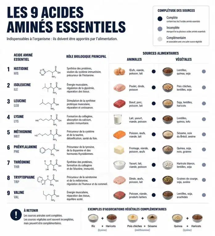 Infographie sur les acides aminés essentiels et leurs sources alimentaires pour une alimentation équilibrée