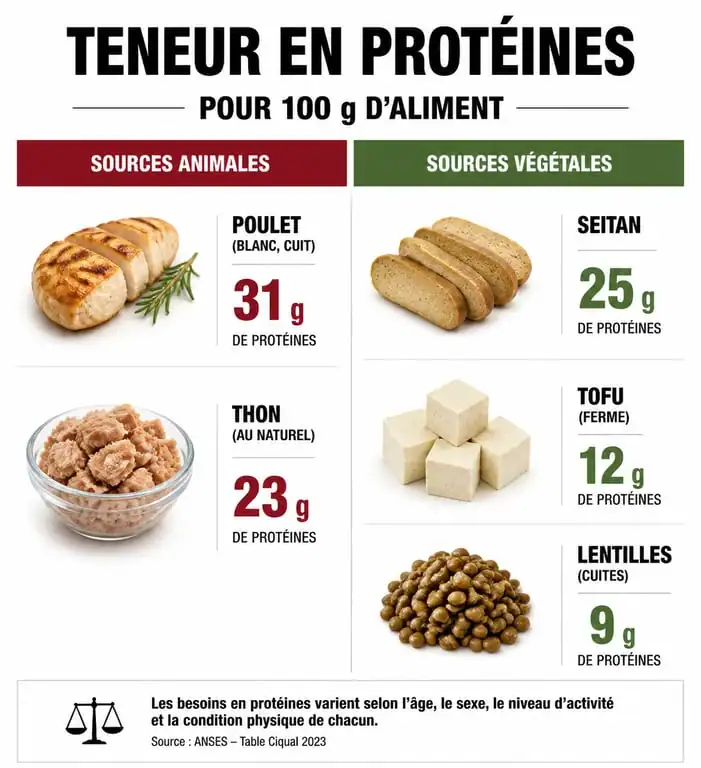 Infographie comparative des sources de protéines animales et végétales pour un repas riche en protéines