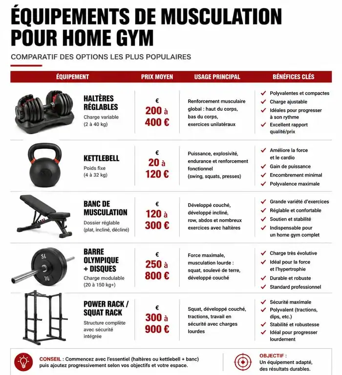Infographie comparative des équipements pour musculation à domicile