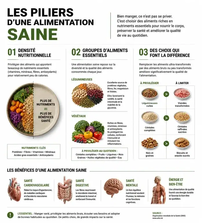 Infographie des piliers d'une alimentation saine et des bienfaits des aliments bons pour la santé