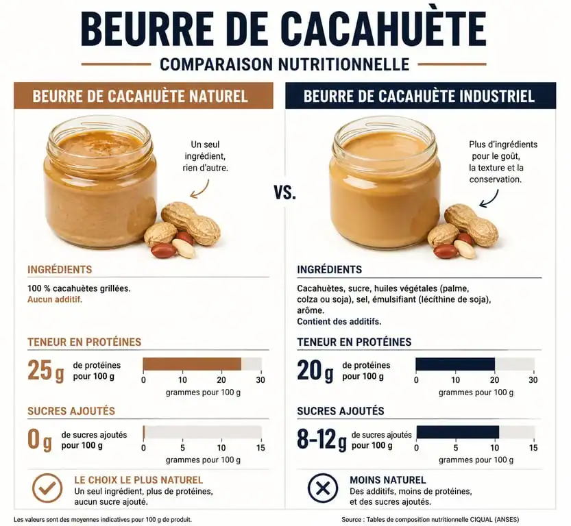 Comparaison nutritionnelle entre beurre de cacahuète naturel et industriel pour la gestion du poids