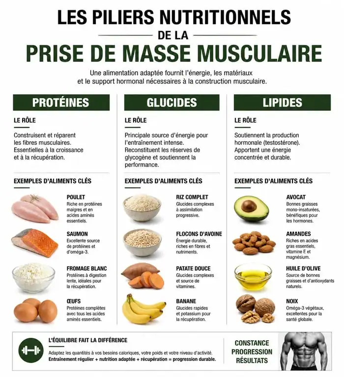 Infographie des piliers nutritionnels pour la prise de masse musculaire et aliments clés