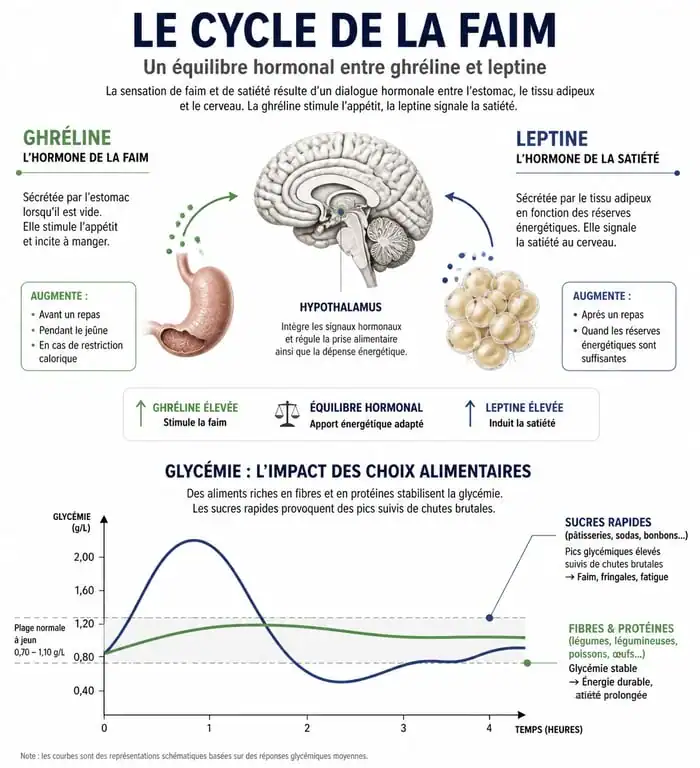 Infographie expliquant les causes biologiques de la faim constante et le rôle de l'index glycémique