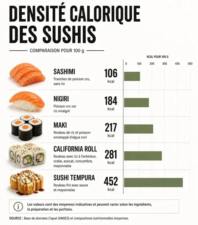Infographie comparative des calories par type de sushi pour comprendre si les sushis font grossir