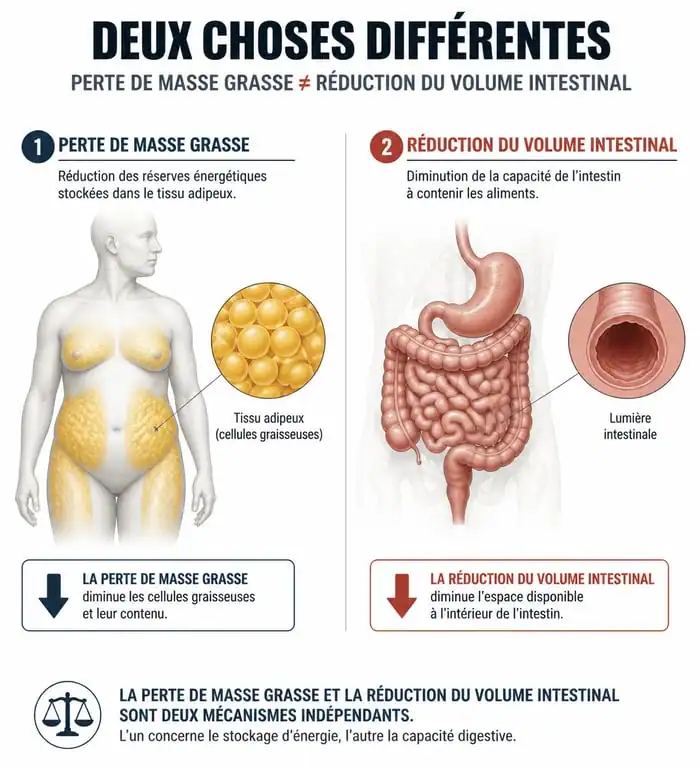 Infographie sur le nettoyage du côlon et la perte de poids : différence entre perte de graisse et perte de volume intestinal